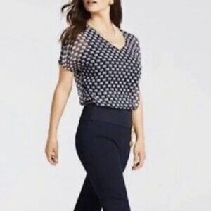 CAbi Short Sleeve Lined Top Shirt Navy Blue White Elephant Print Small v Neck